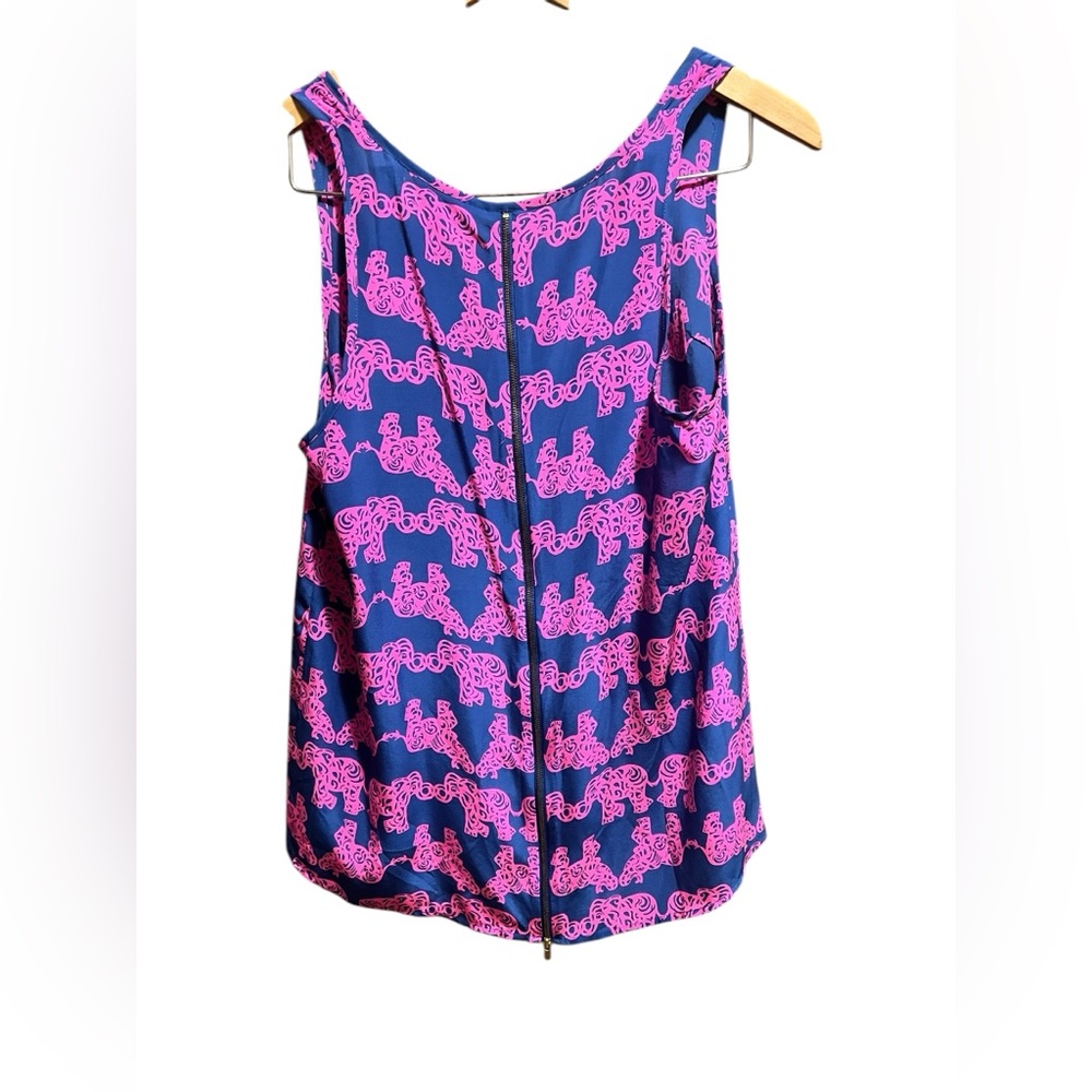 Lilly Pulitzer Aerial Tank Silk Indigo Blue Pack Your Trunk Elephant Print L - Picture 2 of 4